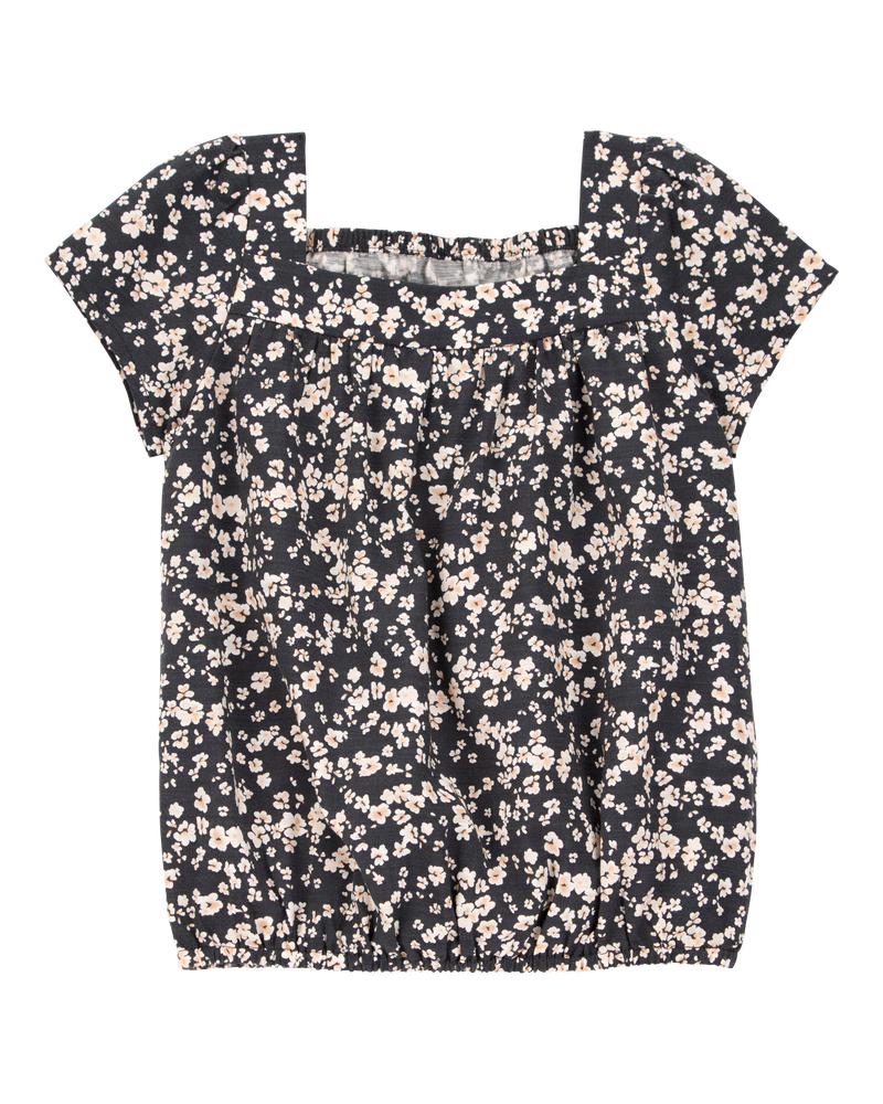 Toddler Square Neck Linen Look-alike Floral Top - Black, image 1 of 3 slides