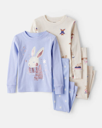 Toddler Girl Bunny Print 100% Cotton Long-Sleeve Snug Fit 4-Piece Pajamas - Brown/Blue, 