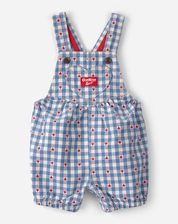 Baby Girl Heart Print Denim Shortall, 
