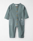 Baby Waffle Knit Button-Front Jumpsuit Made with Organic Cotton in Aqua Slate, image 1 of 5 slides
