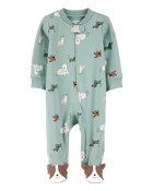 Baby Boy Dog Print 2-Way Zip Cotton Sleep & Play Pajamas - Green, image 1 of 4 slides