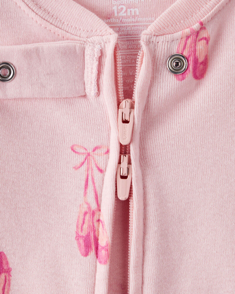 Baby Girl Ballet Print 100% Cotton Long-Sleeve 2-Way Zip 1-Piece Pajamas - Pink, image 2 of 4 slides