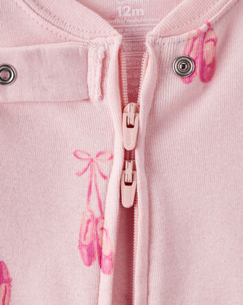 Baby Girl Ballet Print 100% Cotton Long-Sleeve 2-Way Zip 1-Piece Pajamas - Pink, 