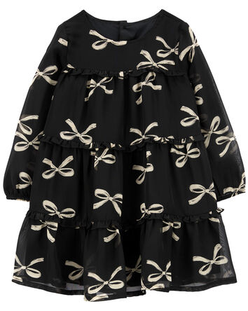 Toddler Bow Print Chiffon Holiday Dress, 