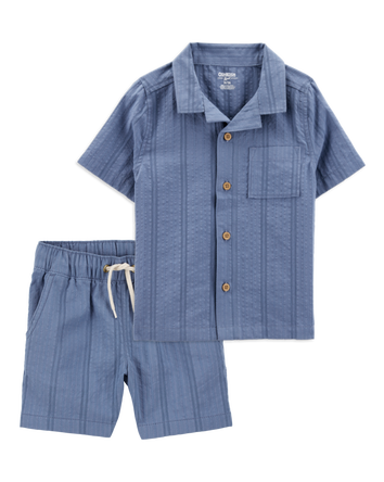 Toddler 2-Piece Seersucker Button-Down Shirt & Drawstring Shorts Set - Blue, 