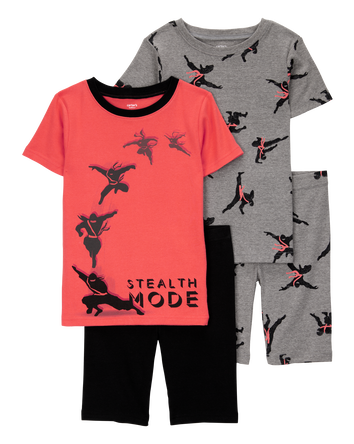 Kid Ninja Print Snug Fit Cotton 4-Piece Pajamas, 