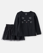 Toddler 2-Piece Halloween Cat Tee & Tulle Skirt Set - Black, image 1 of 6 slides