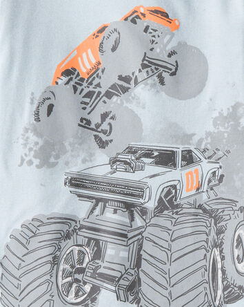 Boys Monster Truck Print 100% Cotton Long-Sleeve 4-Piece Pajamas - Blue, 