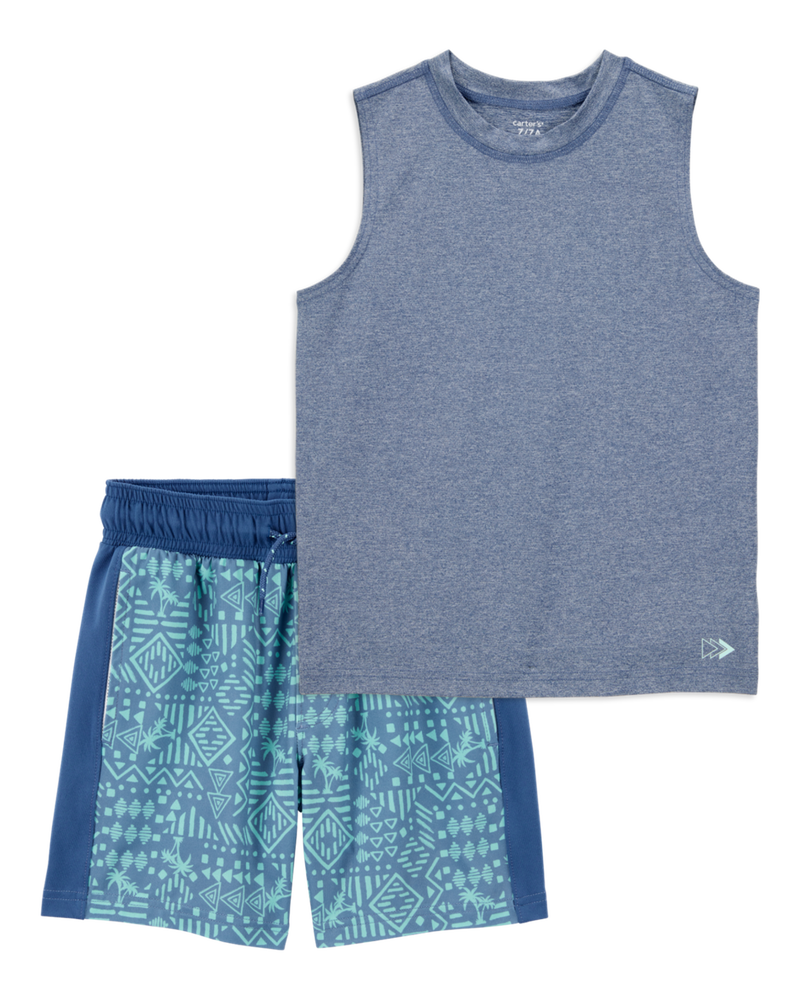 Kid 2-Piece Active Muscle Tank & Shorts Set - Blue, image 1 of 7 slides