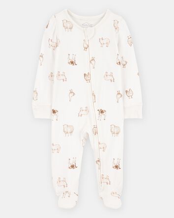 Baby Farm Animals Print 2-Way Zip PurelySoft Sleep & Play Pajamas - Ivory, 