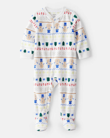 Baby Snowman Fair Isle Fleece Long-Sleeve Loose Fit 1-Piece Pajamas - White, 