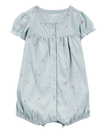 Baby Girl Floral Print Ribbed Short-Sleeve Romper - Blue, 