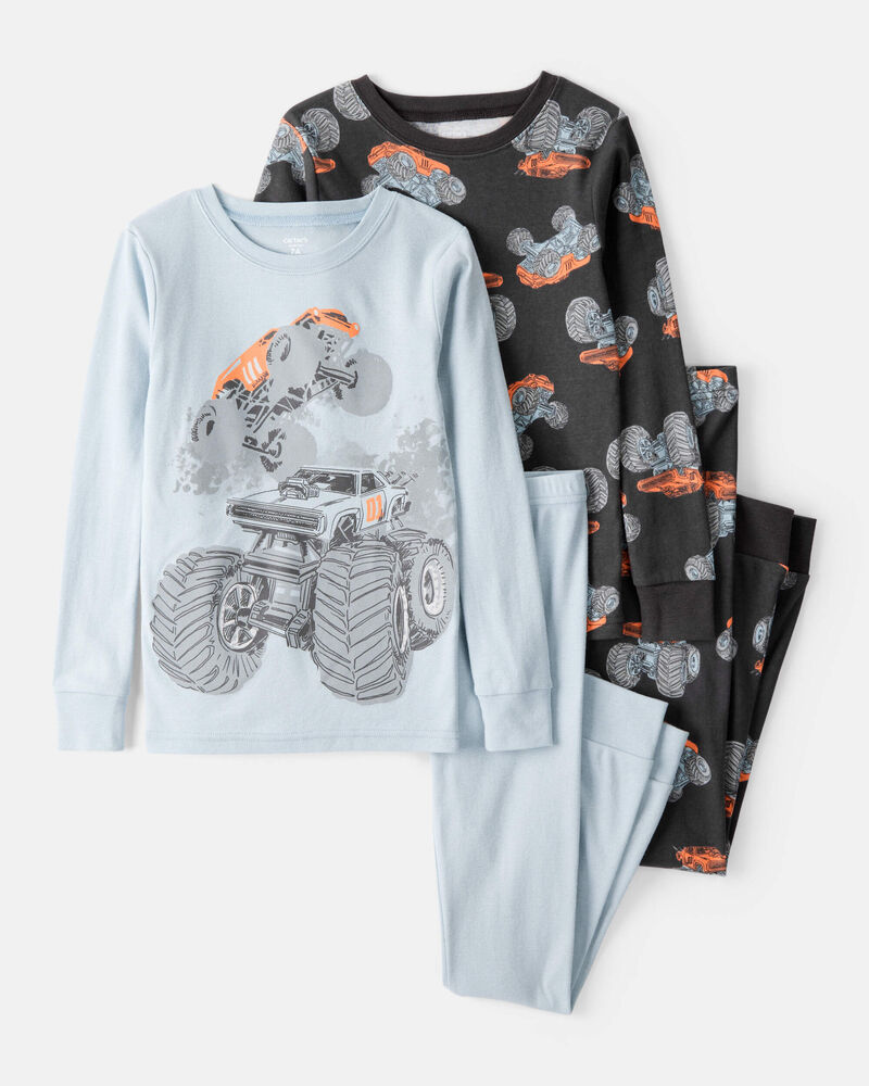 Boys Monster Truck Print 100% Cotton Long-Sleeve 4-Piece Pajamas - Blue, image 1 of 4 slides