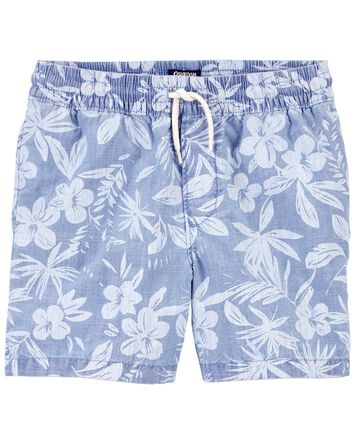 Kid Tropical Print Chambray Drawstring Shorts, 
