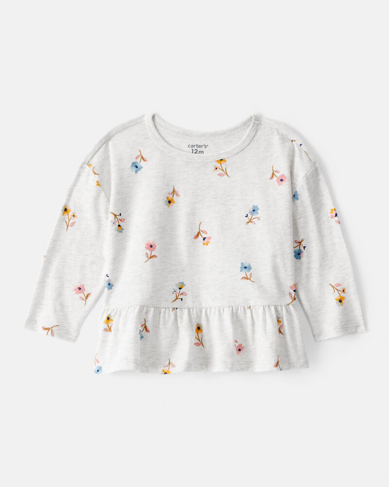Baby Girl Floral Long-Sleeve Peplum Top - Grey, image 1 of 3 slides