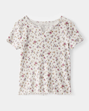 Girls Ribbed Floral Print Short-Sleeve Shirt - Cream, 