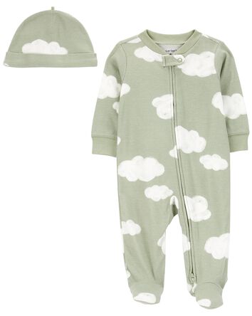 Baby 2-Piece Cloud 2-Way Zip Sleep & Play Pajamas & Cap Set, 