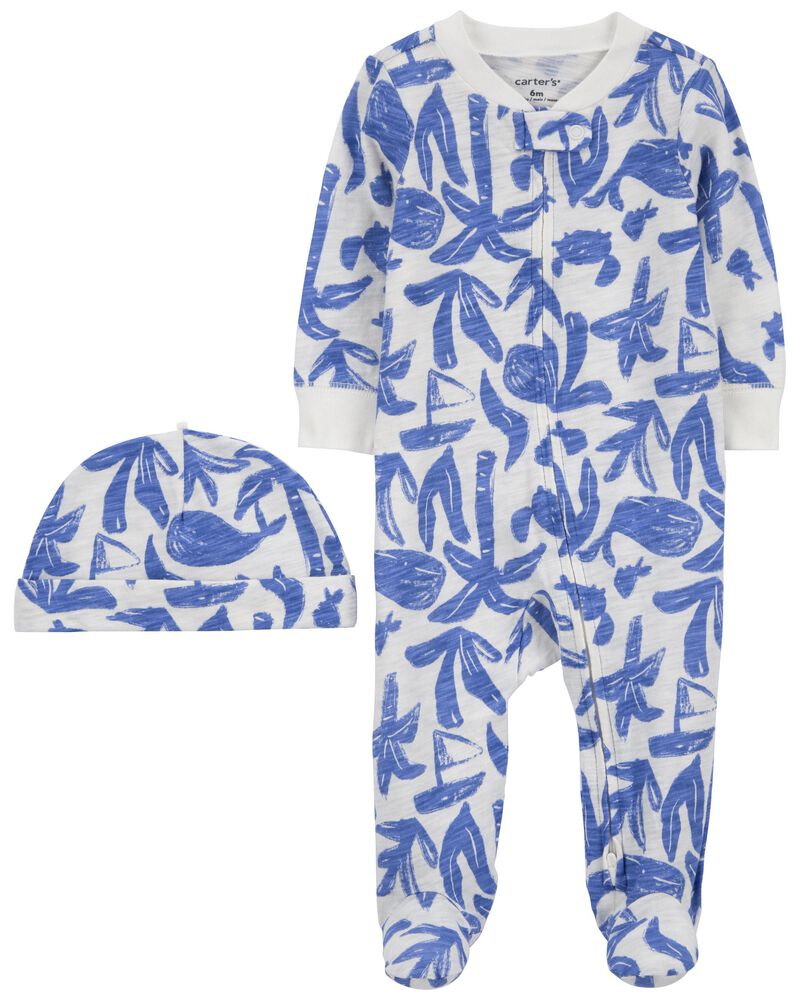 Baby Whale Cotton Sleep & Play & Cap Set Pajamas, image 1 of 4 slides