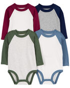 Baby 4-Piece Long-Sleeve Raglan Bodysuits, image 1 of 7 slides