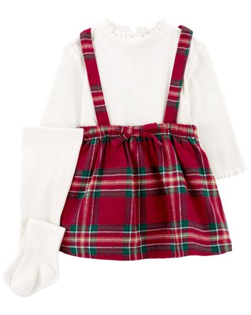 Baby 3-Piece Holiday Bodysuit & Plaid Skirtall Set, 