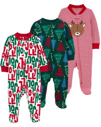 Baby 3-Pack Christmas Zip-Up Sleep & Play Pajamas, 