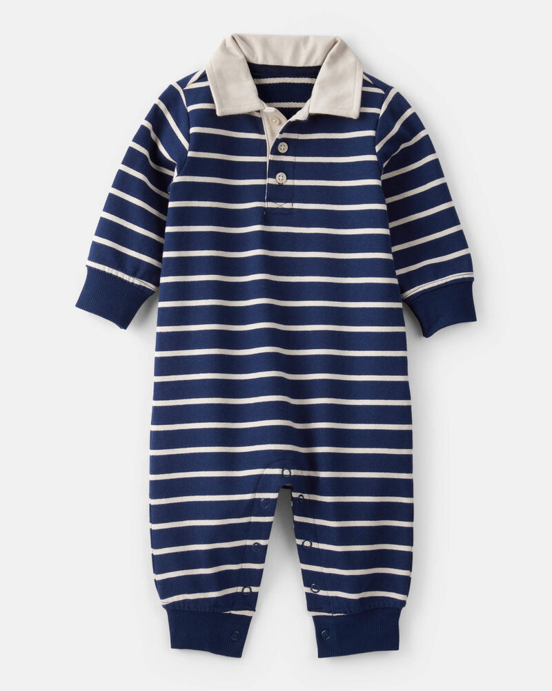 Baby Boy Cotton Long-Sleeve Polo Jumpsuit - Navy/White, image 1 of 3 slides