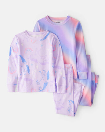 Toddler Girl Unicorn Print 100% Cotton Long-Sleeve 4-Piece Pajamas - Purple, 