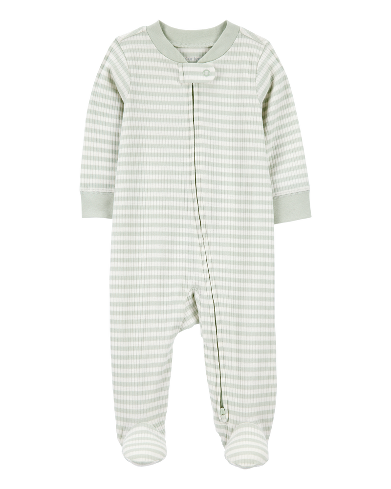 Baby Boy Striped 2-Way Zip Ribbed Sleep & Play Pajamas - Green/White, image 1 of 4 slides