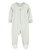 Baby Boy Striped 2-Way Zip Ribbed Sleep & Play Pajamas - Green/White, image 1 of 4 slides