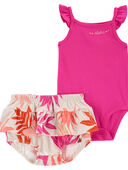Pink - Baby 2-Piece Flutter Bodysuit & Tropical Diaper Cover Set