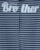Baby Boy Striped Little Bro 2-Way Zip Cotton Sleep & Play Pajamas - Blue, image 2 of 3 slides