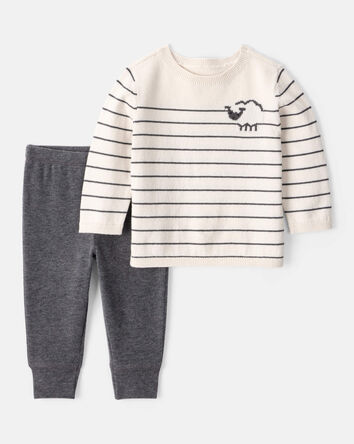 Baby Boy Sheep Long-Sleeve Tee & Pant Set - White/Grey, 