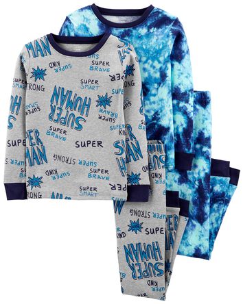 Kid 4-Piece Super Human Blue Tie Dye 100% Snug Fit Cotton Pajamas, 