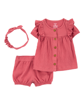 Baby Girl 3-Piece Gauze Button-Front Outfit Set- Red, 