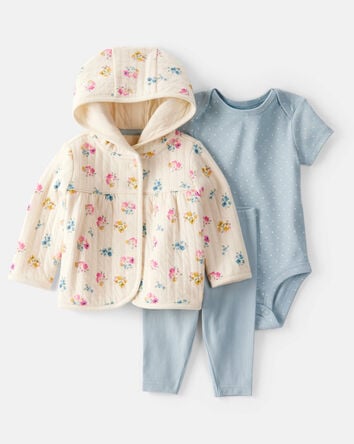 Baby 3-Piece Floral Quilted Little Jacket Set - Ivory/Blue, 
