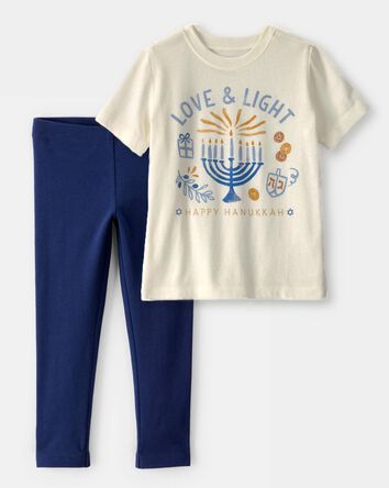 Baby Girl 2-Piece 'Happy Hanukkah' Tee & Stretch Leggings Set - Ivory/Navy, 