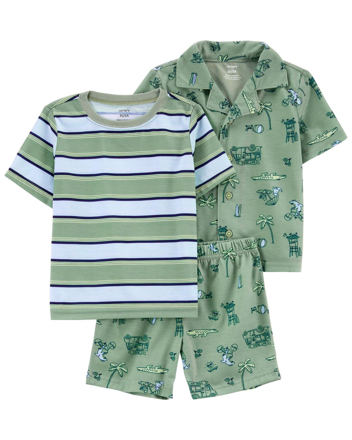 Green Toddler 3Piece Beach Print Loose Fit Pajamas
