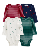 Baby 4-Pack Long-Sleeve Holiday Bodysuits, image 1 of 7 slides