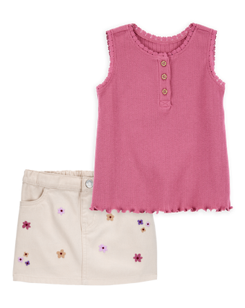 Toddler 2-Piece Rib Tank Top & Floral Twill Skirt Set - Pink/Ivory, 