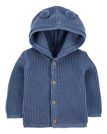 Baby Hooded Waffle Knit Cardigan - Navy Blue, 