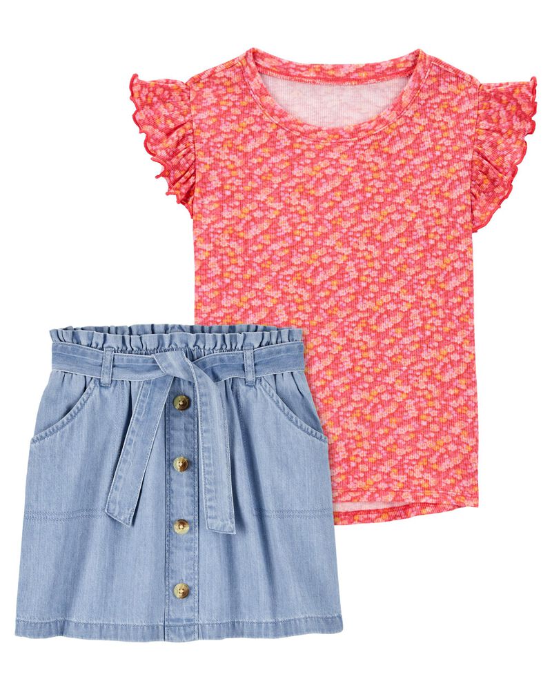 Kid 2-Piece Floral Flutter Top & Paperbag Belted Button-Front Skirt Set
, image 1 of 4 slides