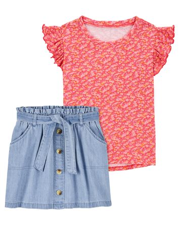 Kid 2-Piece Floral Flutter Top & Paperbag Belted Button-Front Skirt Set
, 