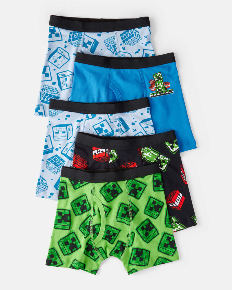 Boys 5-Pack Minecraft® Print Boxer Brief Underwear - Blue/Green/Black, image 1 of 2 slides