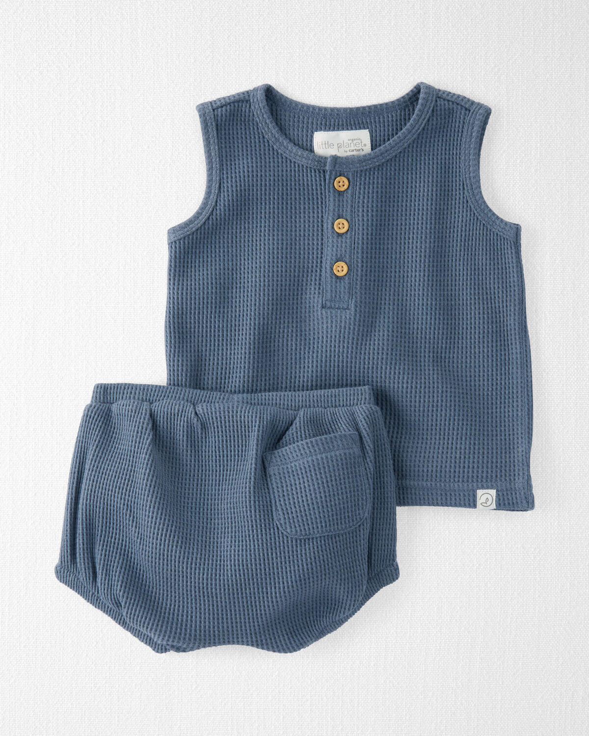 Coastal Blue Baby 2Piece Waffle Knit Bubble Shorts Set Made with Organic Cotton