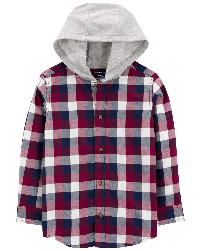 Kid Plaid Hooded Button-Down Shirt, image 2 of 4 slides