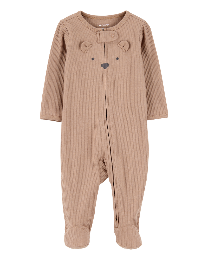 Baby Bear 2-Way Zip Ribbed Sleep & Play Pajamas - Brown, image 1 of 3 slides