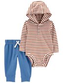 Brown/Blue - Baby 2-Piece Hooded Bodysuit Pant Set