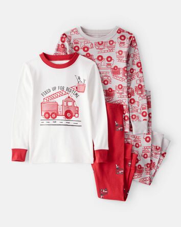 Toddler Firetruck Print 100% Cotton Long-Sleeve Snug Fit 4-Piece Pajamas - Red/White, 