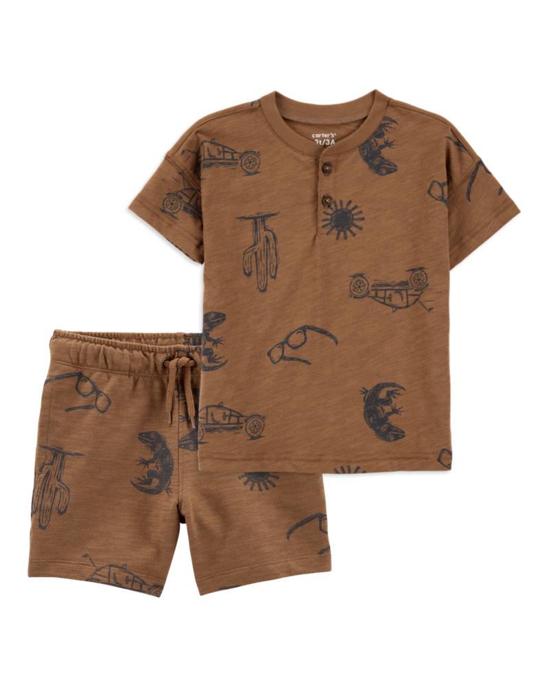 Toddler 2-Piece Desert Print Henley & Pull-On Shorts Set - Brown, image 1 of 8 slides