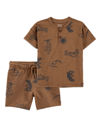 Toddler 2-Piece Desert Print Henley & Pull-On Shorts Set - Brown, 